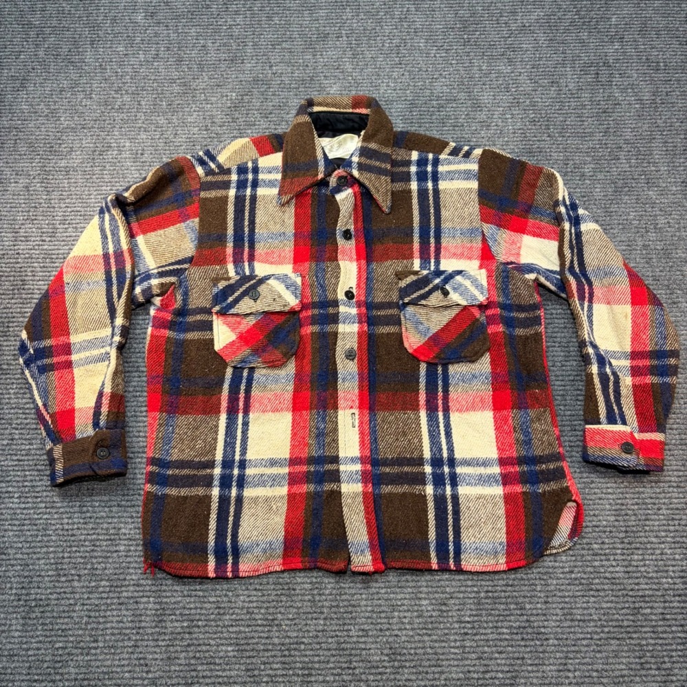 Vintage C.P.O. Mens Plaid Wool Linen Blend Flannel‎ Shacket Red Brown Portugal M